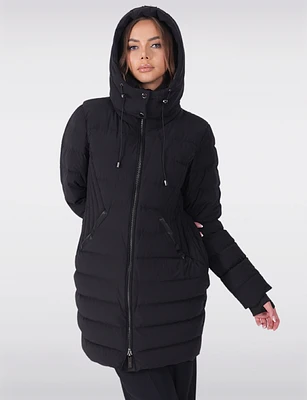 Dual Quilted Fitted Long Down Zip Front Detachable Hood Puffer Jacket by Sicily