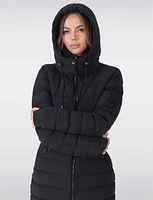 Dual Quilted Fitted Long Down Zip Front Detachable Hood Puffer Jacket by Sicily