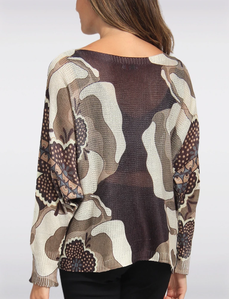 Chic Long Dolman Sleeves Boatneck Floral Print Knit Top by Froccella