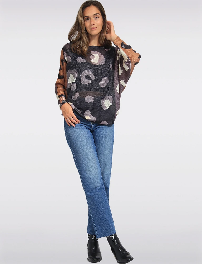 Chic Relaxed Fit Dolman Sleeves Boatneck Printed Knit Top by Froccella