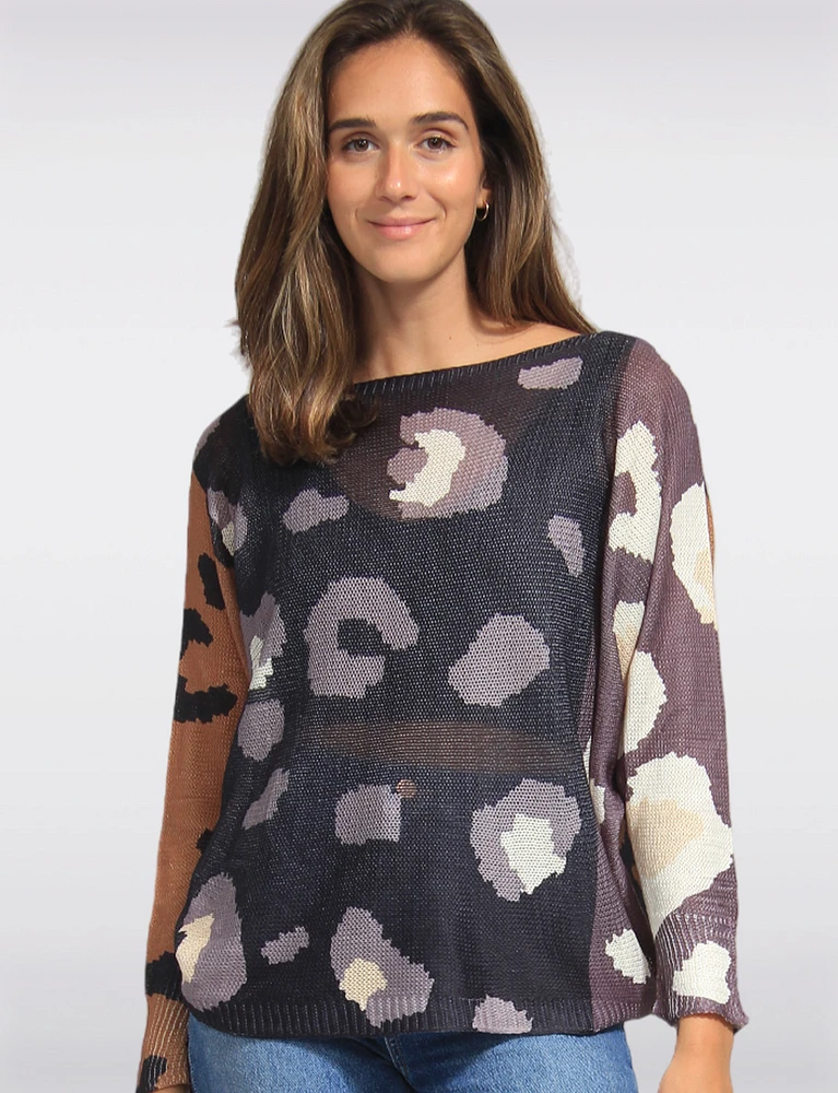 Chic Relaxed Fit Dolman Sleeves Boatneck Printed Knit Top by Froccella