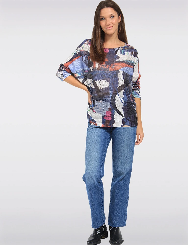 Relaxed Fit Dolman Sleeves Boatneck Printed Knit Top by Froccella