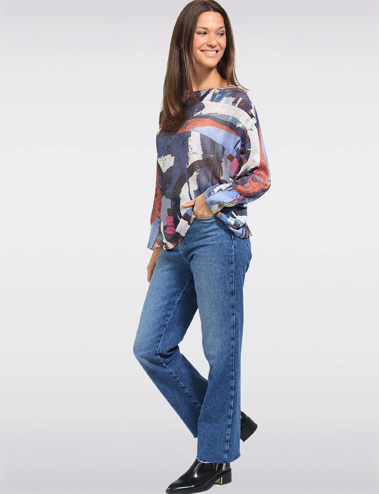 Relaxed Fit Dolman Sleeves Boatneck Printed Knit Top by Froccella