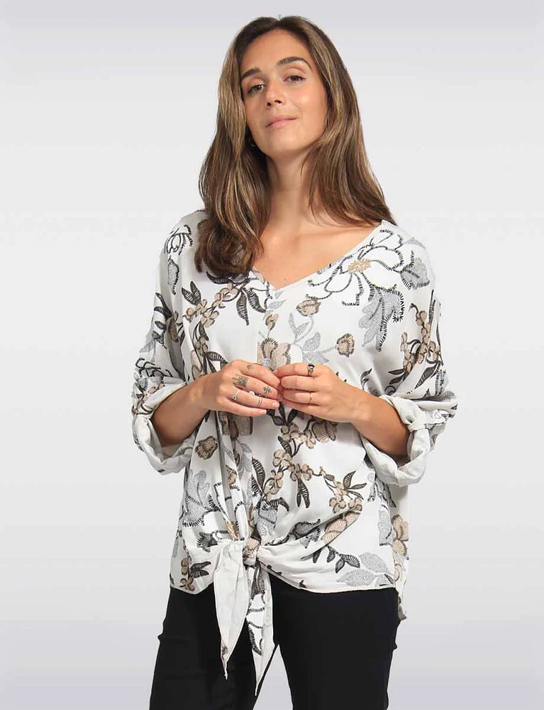 Relaxed Fit Front Tie Printed Blouse with Adjustable Sleeves by Froccella