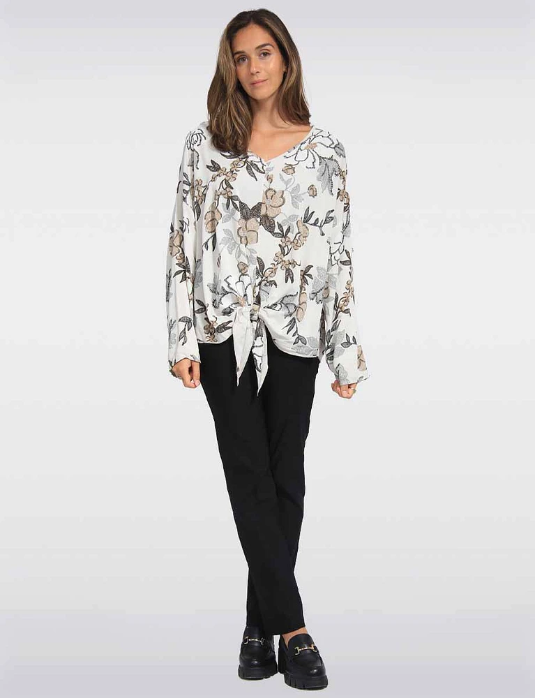 Relaxed Fit Front Tie Printed Blouse with Adjustable Sleeves by Froccella