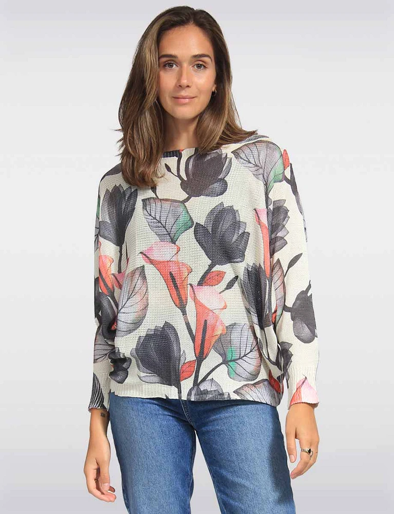 Floral Printed Dolman Sleeves Relaxed Fit Knit Top by Froccella