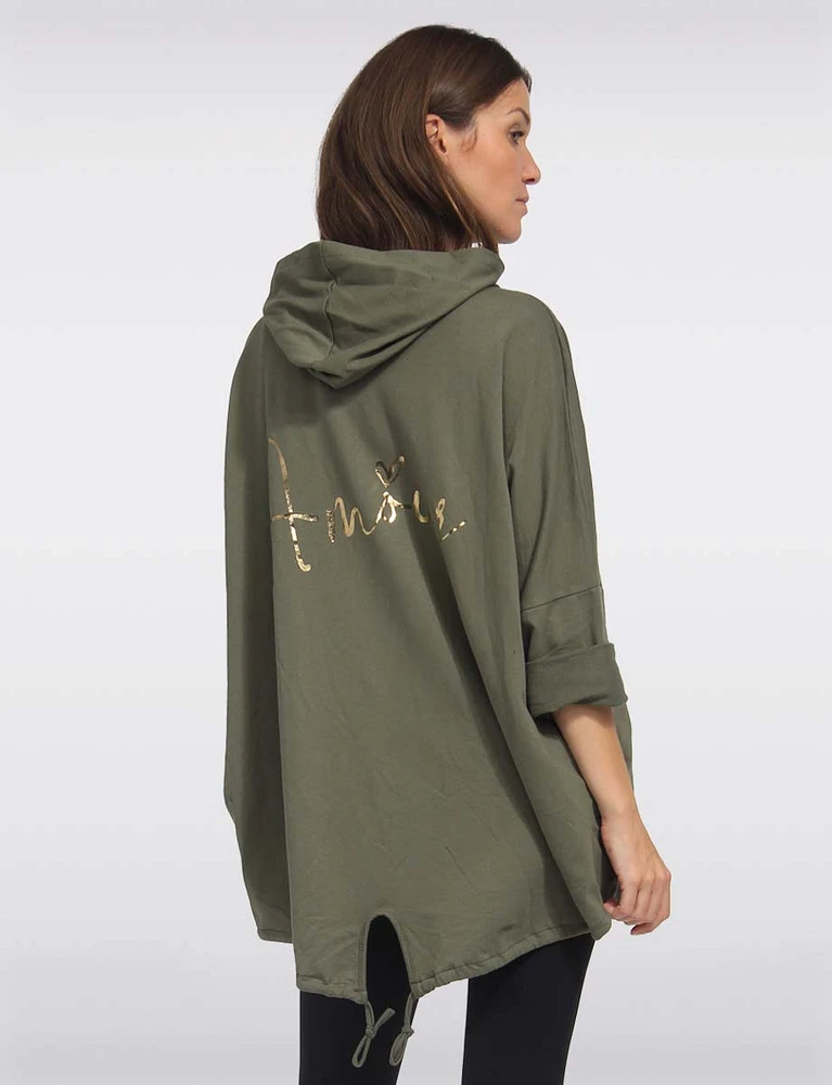 Amour Zip Front Adjustable Drawstrings Hooded Sweater by Froccella