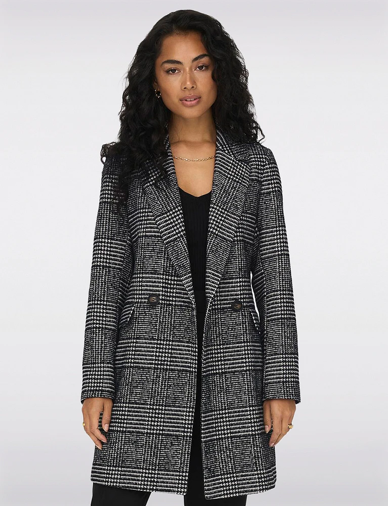 Eco-Chic Plaid Double-Breasted Recycled Wool Peacoat by Only