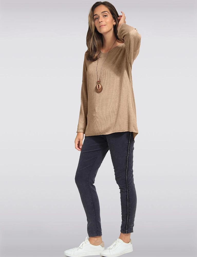 Ribbed Wool V-Neck Top With Long Sleeves by Froccella