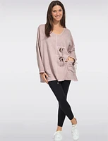 Cozy Cotton-Blend Knit Top Button-Sequins Details by Froccella