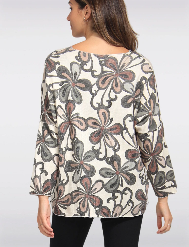 Printed Wool Blend Dolman Sleeves V-Neck Knit Top by Froccella