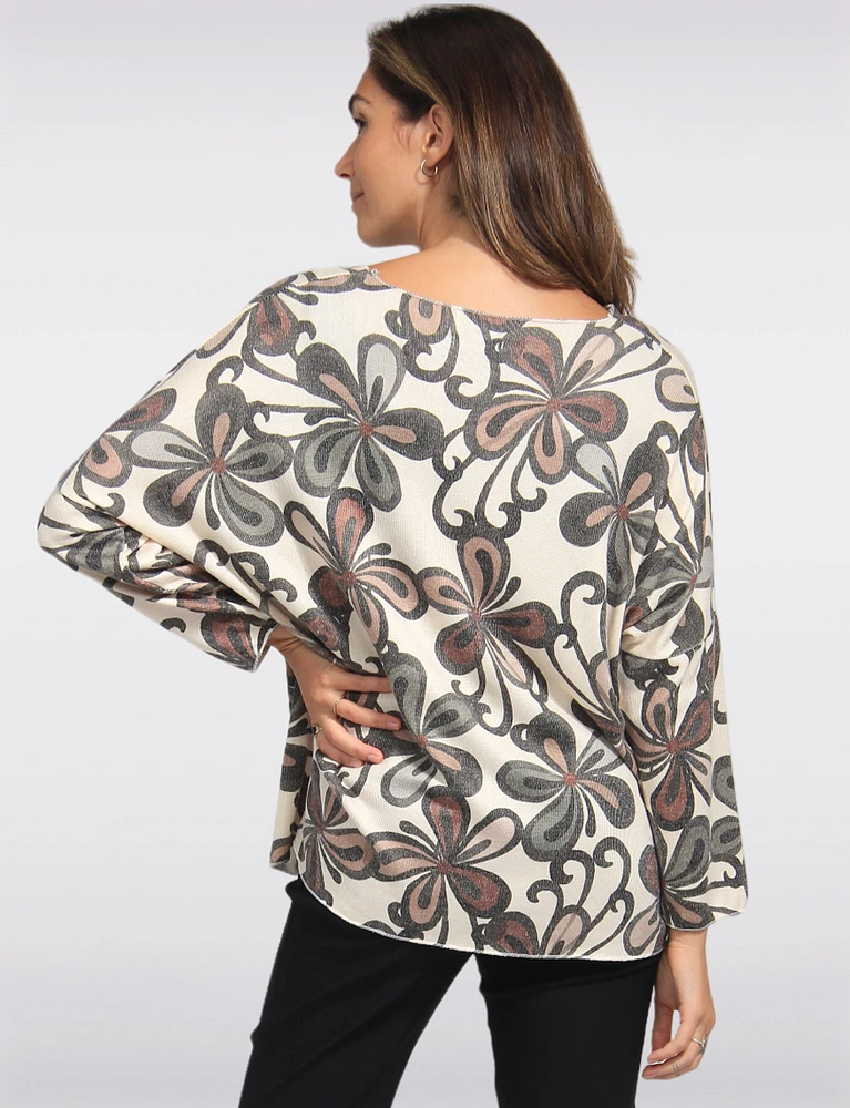 Printed Wool Blend Dolman Sleeves V-Neck Knit Top by Froccella