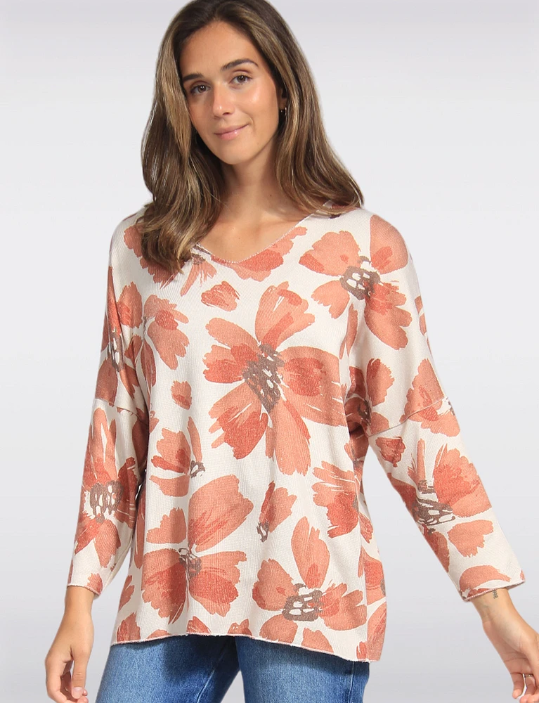 Printed Wool Blend V-Neck Dolman Sleeves Knit Top by Froccella