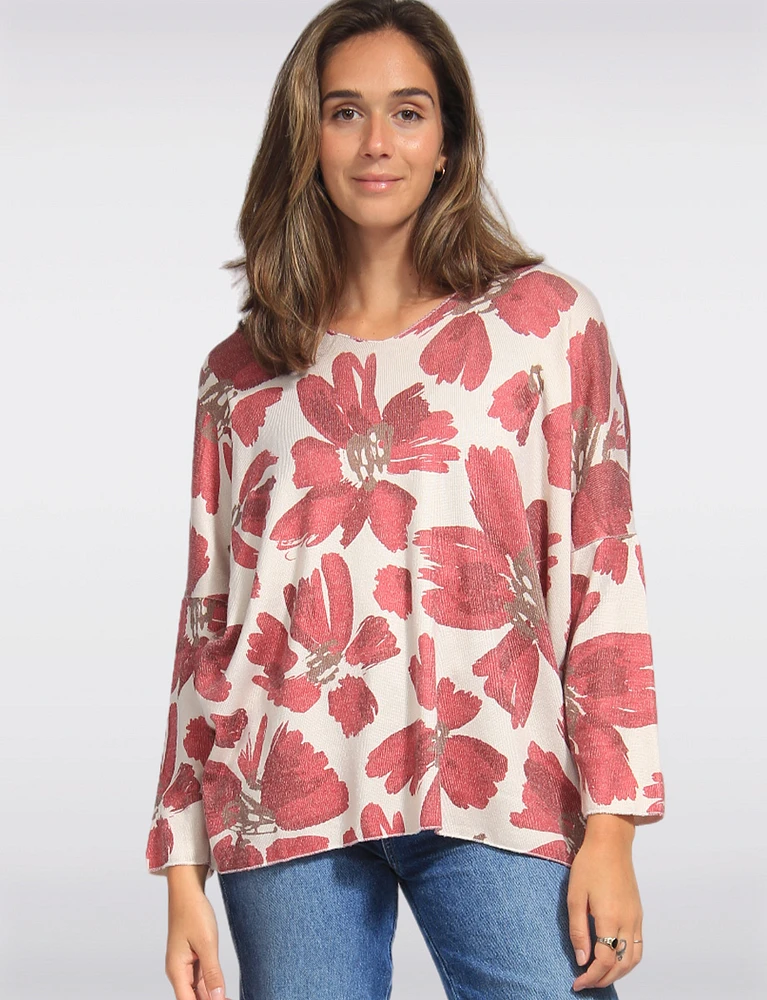 Printed Wool Blend V-Neck Dolman Sleeves Knit Top by Froccella