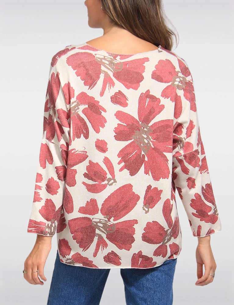 Printed Wool Blend V-Neck Dolman Sleeves Knit Top by Froccella