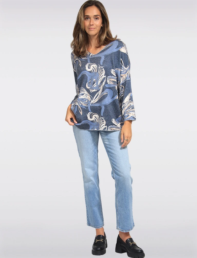 Printed Wool Blend Dolman Sleeves V-Neck Knit Top by Froccella