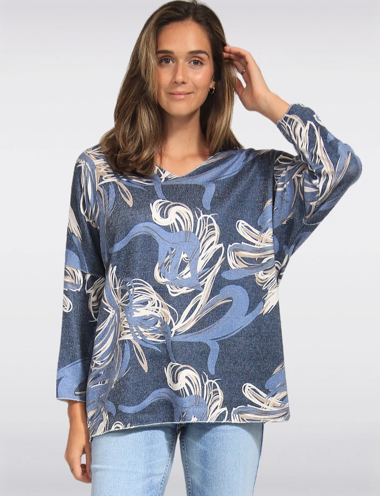 Printed Wool Blend Dolman Sleeves V-Neck Knit Top by Froccella