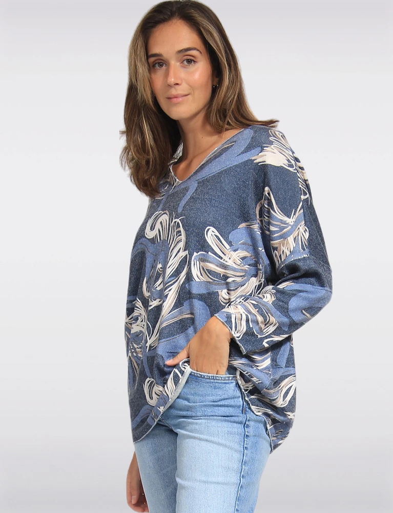 Printed Wool Blend Dolman Sleeves V-Neck Knit Top by Froccella