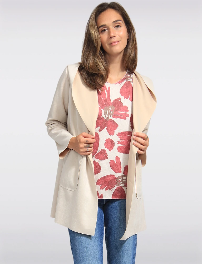 Elegant Faux Suede Open Draped Hooded Mid-Length Jacket by Froccella