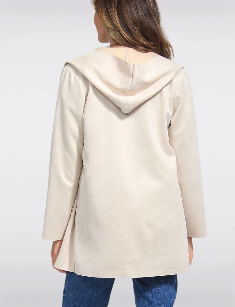 Elegant Faux Suede Open Draped Hooded Mid-Length Jacket by Froccella