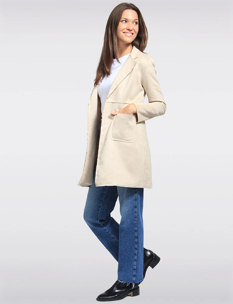 Elegant Faux Suede Notch Collar Mid-Length Straight Fit Jacket by Froccella