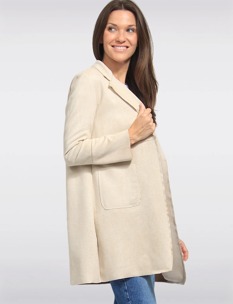 Elegant Faux Suede Notch Collar Mid-Length Straight Fit Jacket by Froccella