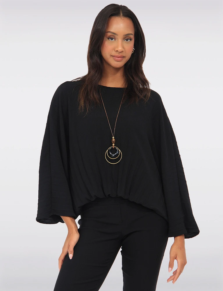 Solid Pleated Short Dolman Sleeve Top With Elastic Hem By Froccella