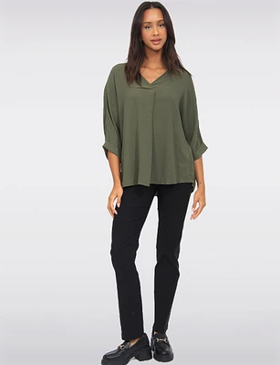 Solid 3/4 Sleeve Relaxed Fit V-Neck Front Pleat Blouse by Froccella