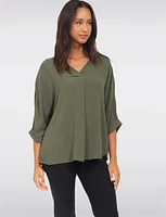 Solid 3/4 Sleeve Relaxed Fit V-Neck Front Pleat Blouse by Froccella