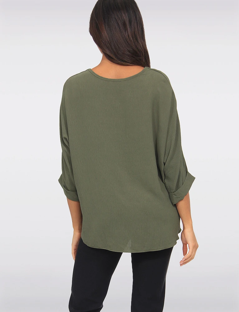 Solid 3/4 Sleeve Relaxed Fit V-Neck Front Pleat Blouse by Froccella