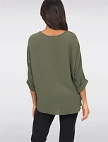 Solid 3/4 Sleeve Relaxed Fit V-Neck Front Pleat Blouse by Froccella