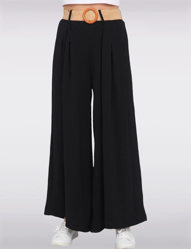 Flowy Wide-Leg Pants with Straw Belt by Froccella