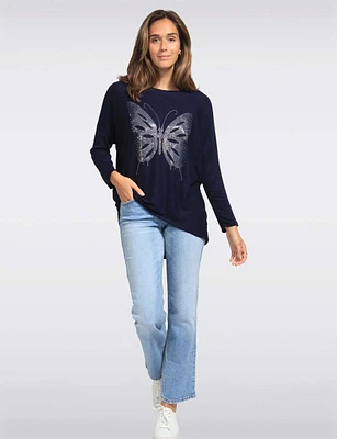 Long Dolman Sleeve Rhinestone Butterfly Applique Knit Top by Froccella