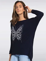 Long Dolman Sleeve Rhinestone Butterfly Applique Knit Top by Froccella