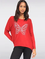 Long Dolman Sleeve Rhinestone Butterfly Applique Knit Top by Froccella