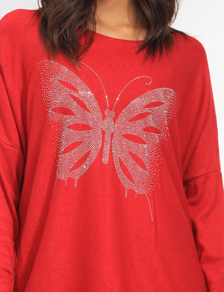 Long Dolman Sleeve Rhinestone Butterfly Applique Knit Top by Froccella