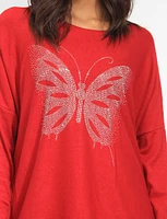 Long Dolman Sleeve Rhinestone Butterfly Applique Knit Top by Froccella