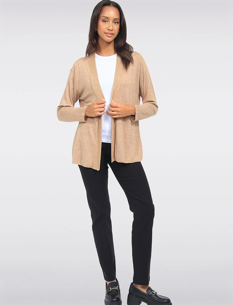 Long Sleeves Open Front Ribbed Trim Knit Cardigan by Froccella