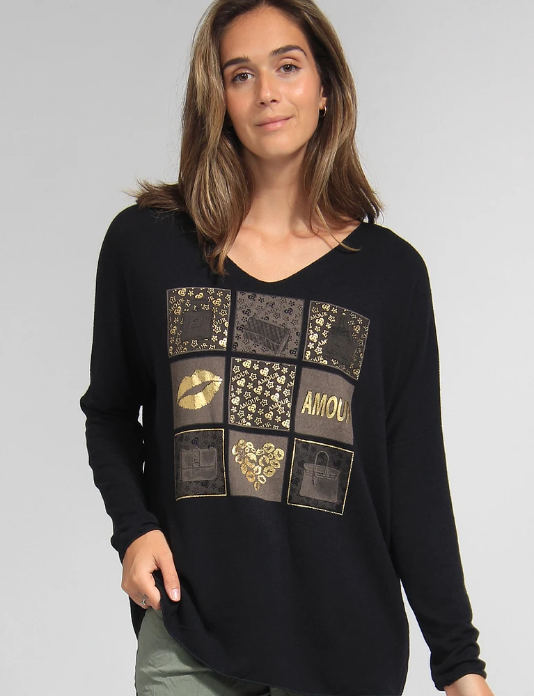 Ultra-Soft Drop Shoulder Long Sleeve Foil Printed V-Neck Knit Top by Froccella