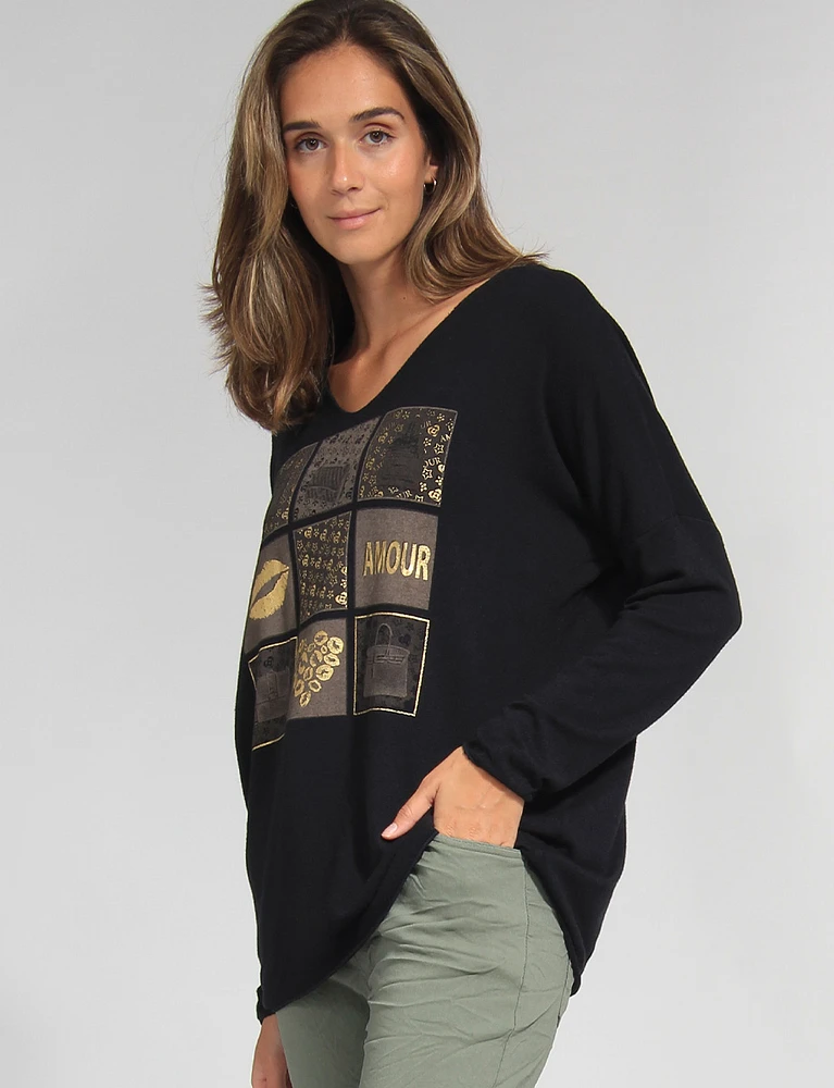 Ultra-Soft Drop Shoulder Long Sleeve Foil Printed V-Neck Knit Top by Froccella