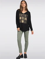 Ultra-Soft Drop Shoulder Long Sleeve Foil Printed V-Neck Knit Top by Froccella