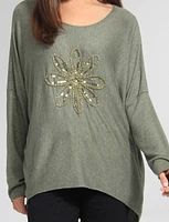 Wool Blend Golden Flower and Sequin Details Top by Froccella