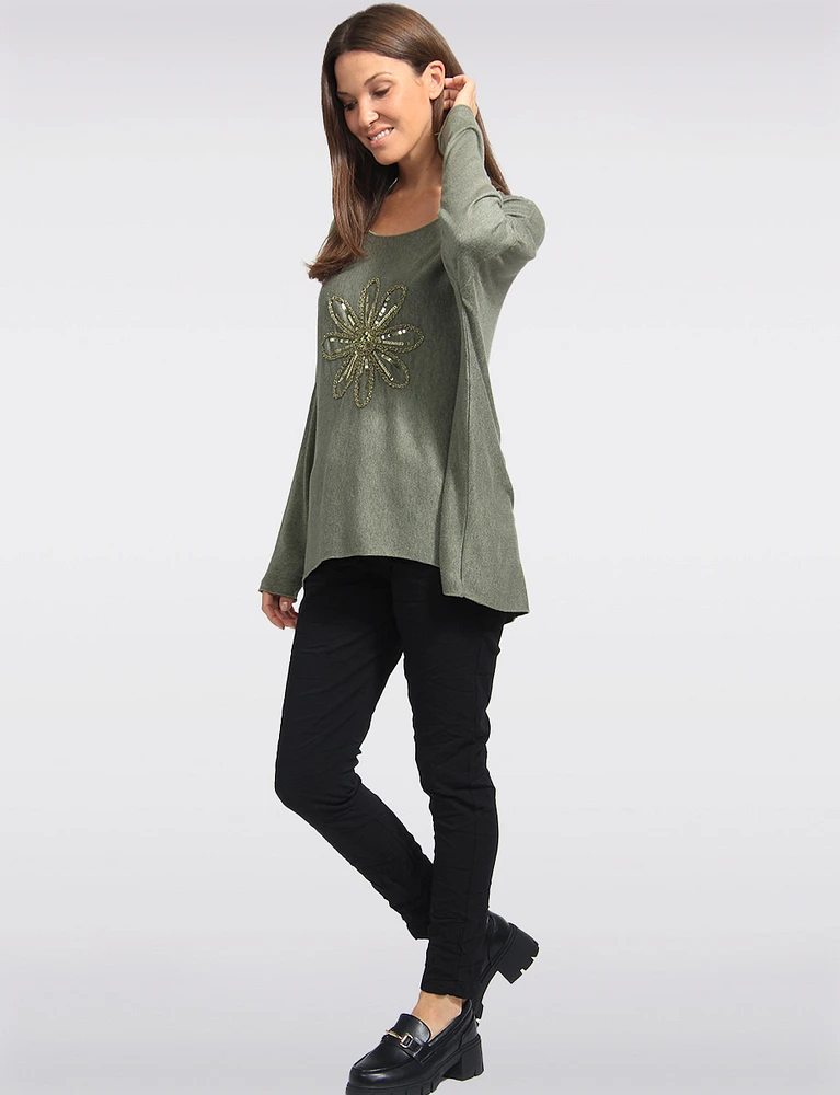 Wool Blend Golden Flower and Sequin Details Top by Froccella