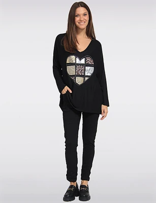 Ultra-Soft Drop Shoulder Long Sleeve Foil Printed V-Neck Knit Top by Froccella