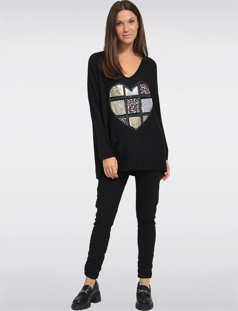 Ultra-Soft Drop Shoulder Long Sleeve Foil Printed V-Neck Knit Top by Froccella