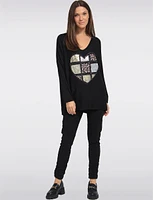 Ultra-Soft Drop Shoulder Long Sleeve Foil Printed V-Neck Knit Top by Froccella