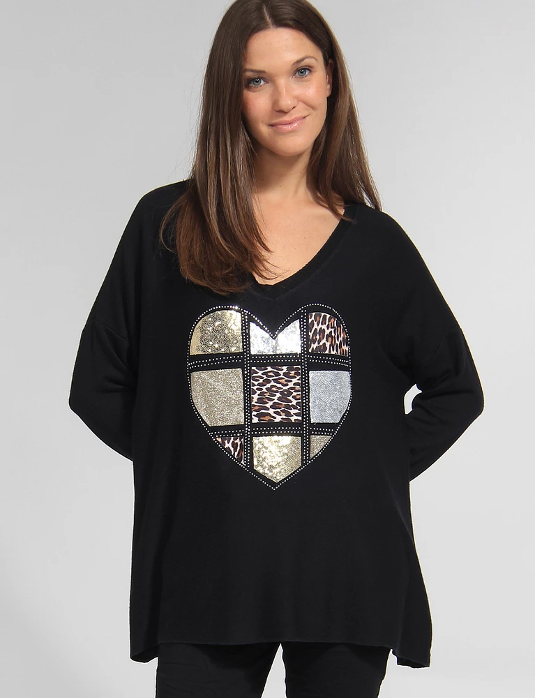 Ultra-Soft Drop Shoulder Long Sleeve Foil Printed V-Neck Knit Top by Froccella