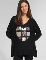 Ultra-Soft Drop Shoulder Long Sleeve Foil Printed V-Neck Knit Top by Froccella