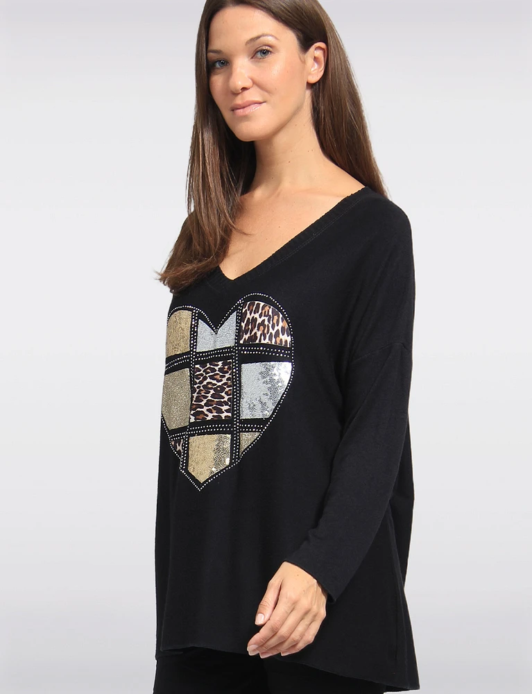 Ultra-Soft Drop Shoulder Long Sleeve Foil Printed V-Neck Knit Top by Froccella