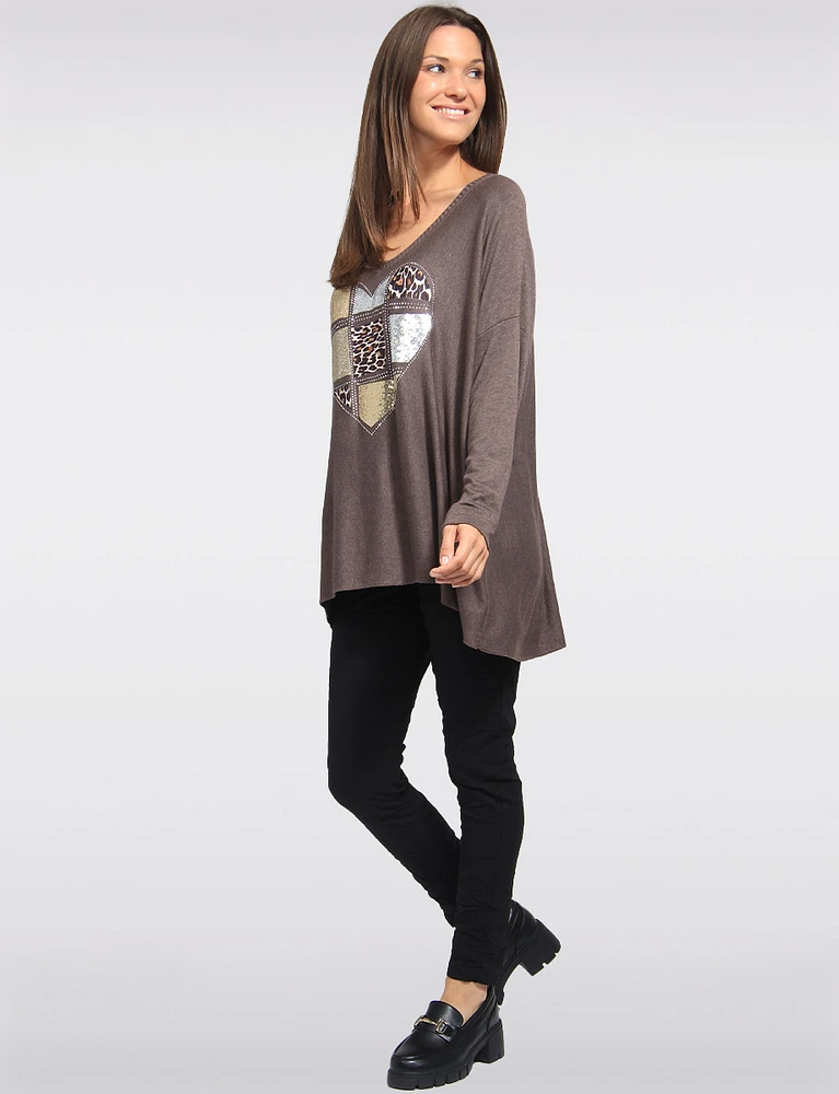 Ultra-Soft Drop Shoulder Long Sleeve Foil Printed V-Neck Knit Top by Froccella